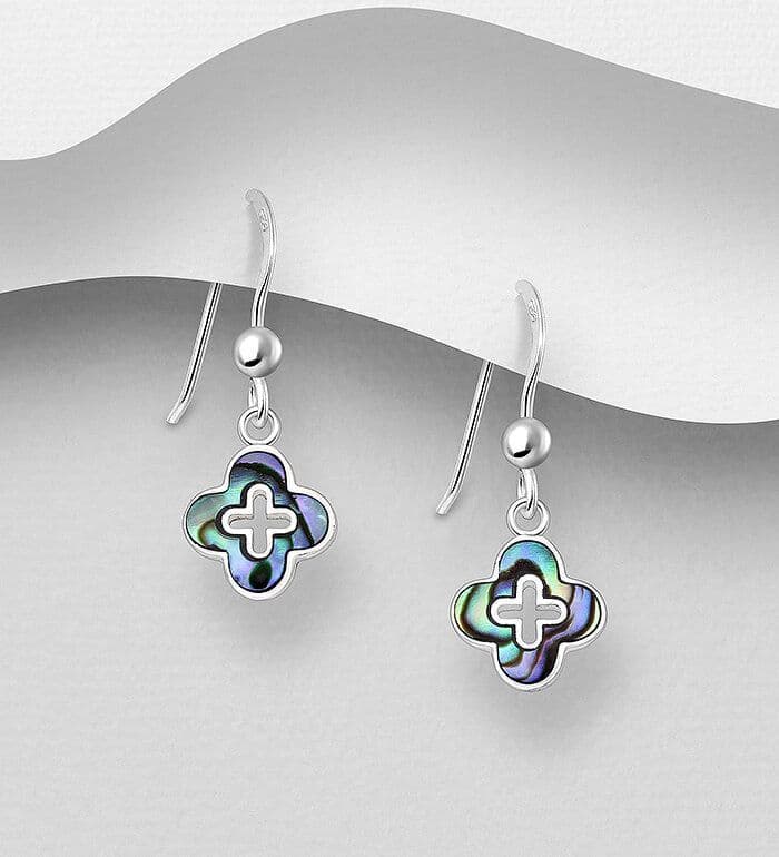 925 Sterling Silver Clover Hook/Drop Earrings Adorned with Iridescent Abalone Shell