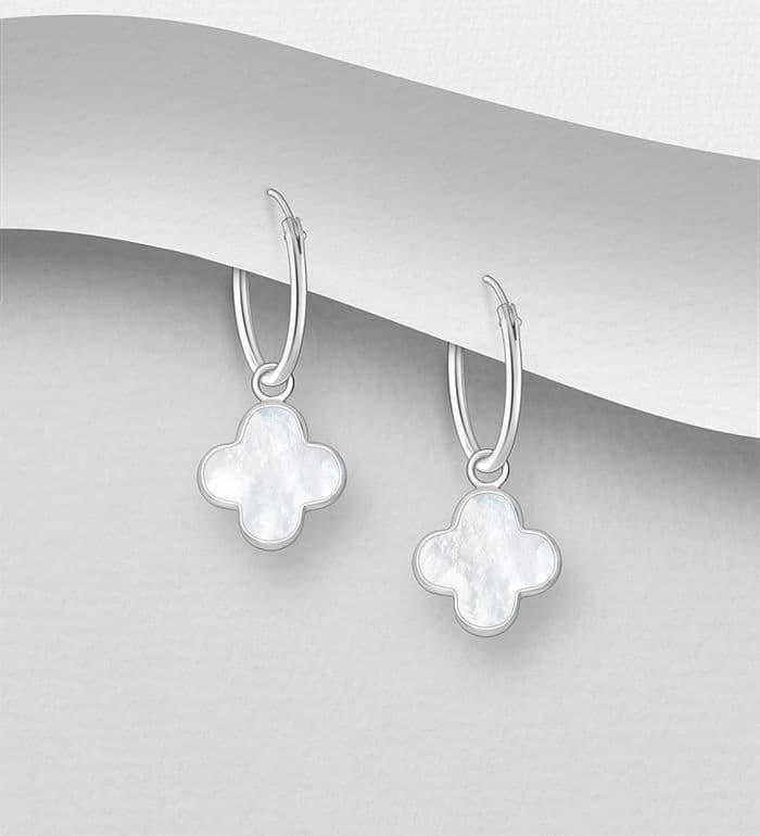 925 Sterling Silver Clover Hoop Earrings, Decorated with Mother of Pearl Shell
