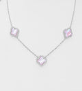 925 Sterling Silver Triple Clover Station Necklace | Pink Mother of Pearl Shell & CZ Diamonds