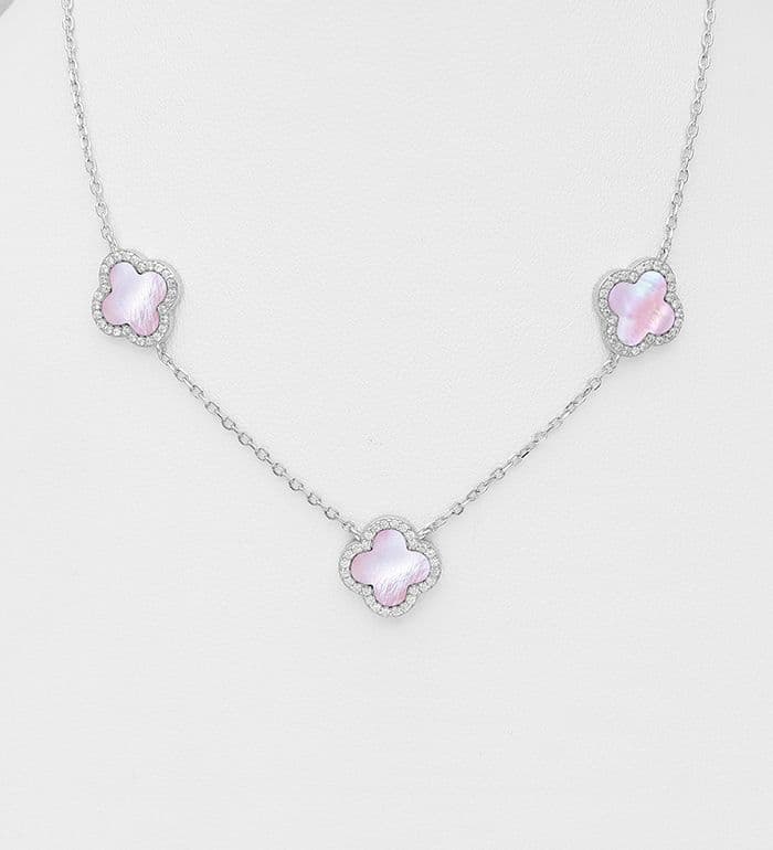 925 Sterling Silver Clover Necklace, Decorated with  Pink or White Shell and CZ Simulated Diamonds