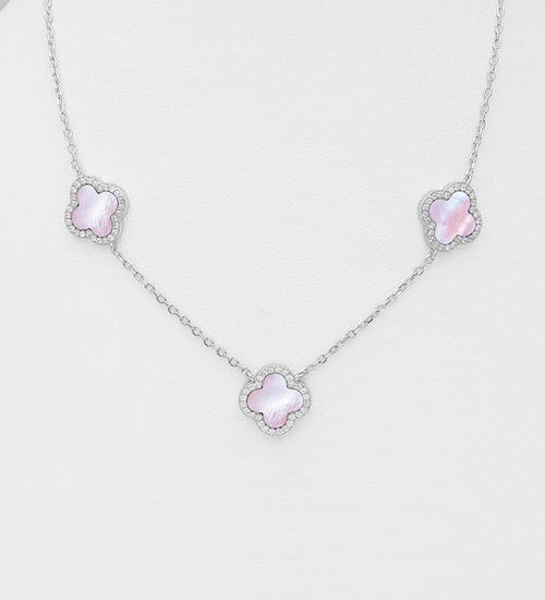 925 Sterling Silver Clover Necklace, Decorated with  Pink or White Shell and CZ Simulated Diamonds