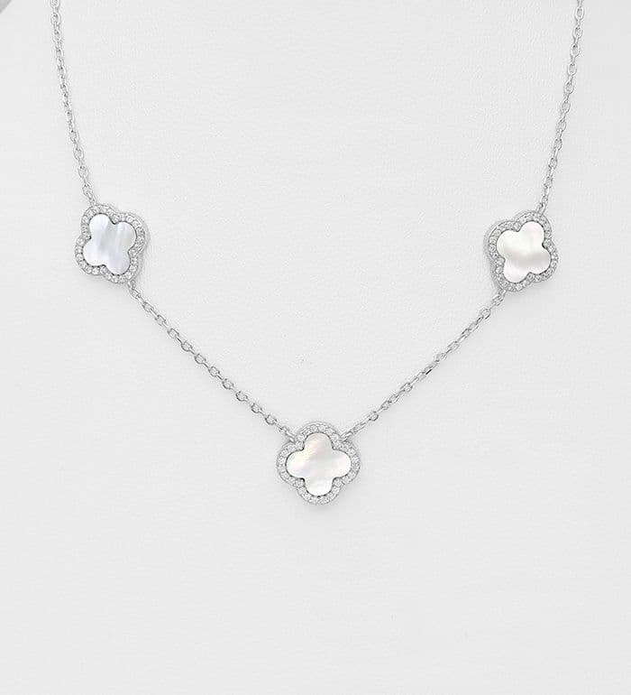 925 Sterling Silver Clover Necklace, Decorated with  Pink or White Shell and CZ Simulated Diamonds