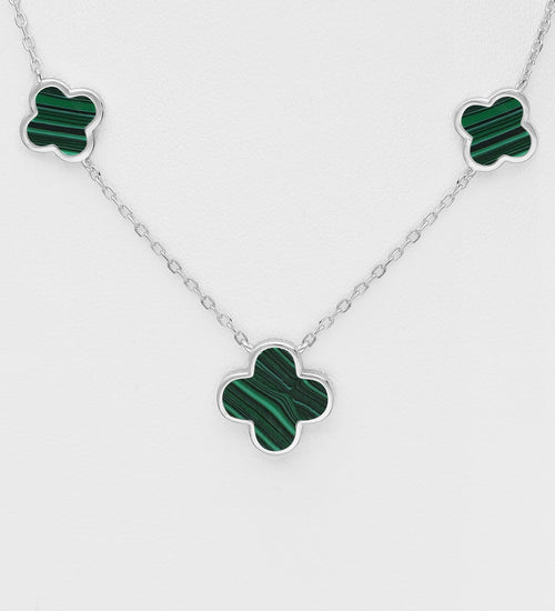 925 Sterling Silver Clover Necklace, Decorated with Resin - Available In Green or Black