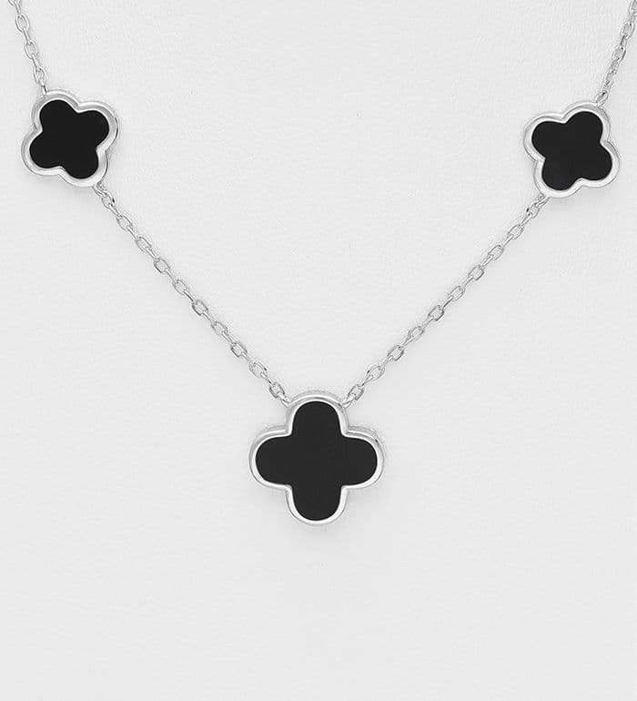 925 Sterling Silver Clover Necklace, Decorated with Resin - Available In Green or Black
