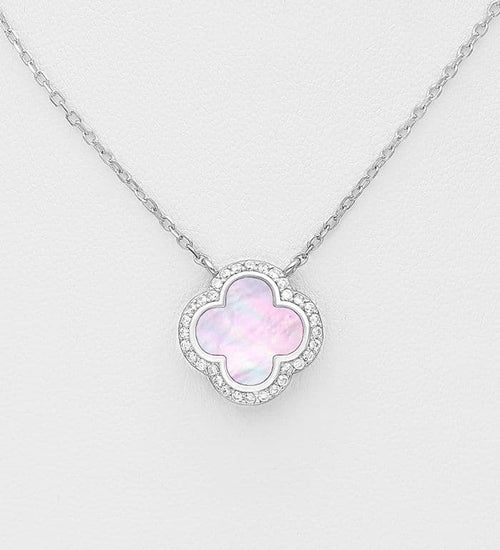 925 Sterling Silver Clover Necklace with Mother of Pearl Shell & CZ Diamonds-Available in 2 Colours