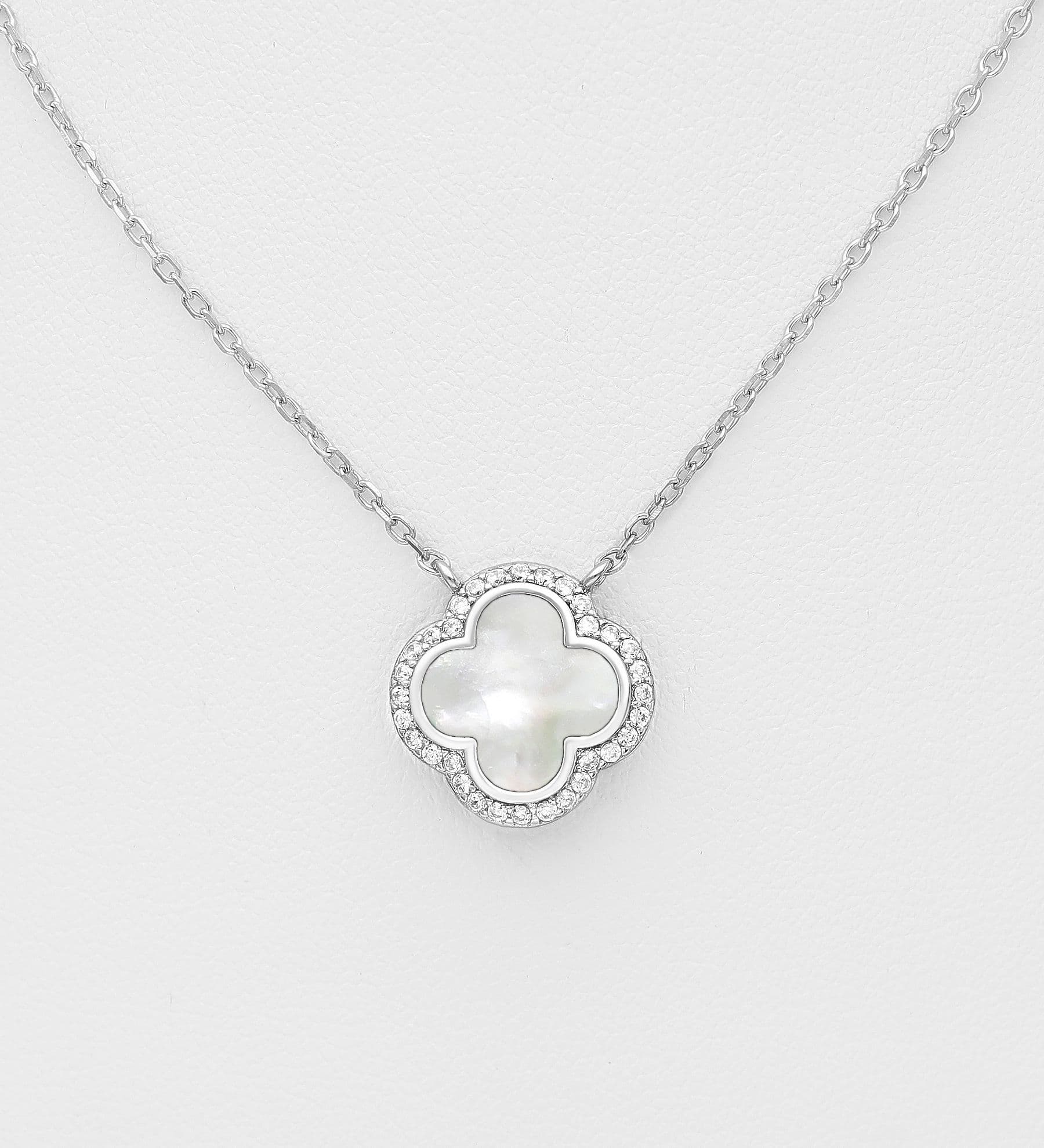 925 Sterling Silver Clover Necklace with Mother of Pearl Shell & CZ Diamonds-Available in 2 Colours