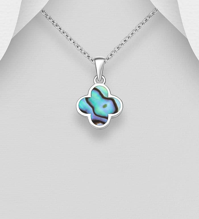 925 Sterling Silver Clover Pendant & Chain, Adorned with Abalone Shell
