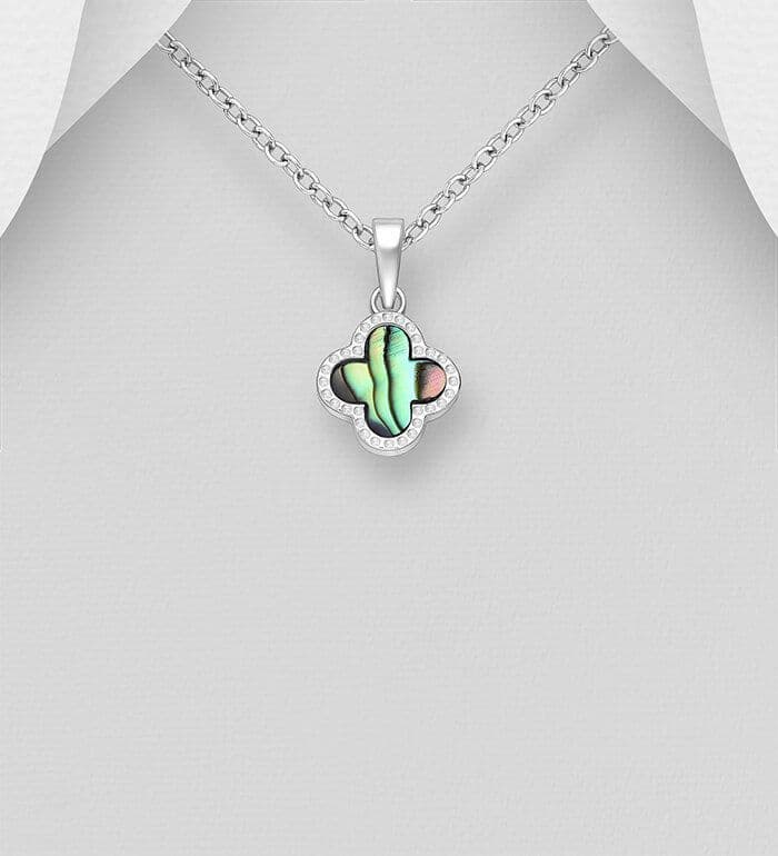 925 Sterling Silver Clover Pendant & Chain Decorated with Genuine Abalone Shell