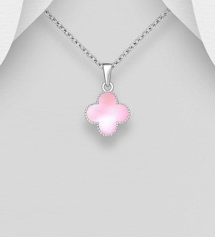 925 Sterling Silver Clover Pendant & Chain, Decorated with Shell Available in 4 Vibrant Colours