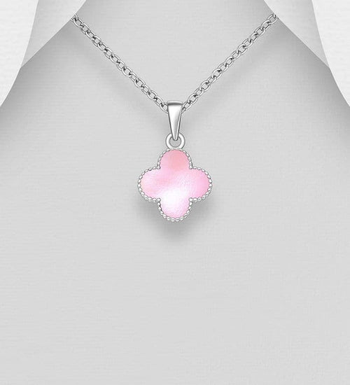 925 Sterling Silver Clover Pendant & Chain, Decorated with Shell Available in 4 Vibrant Colours