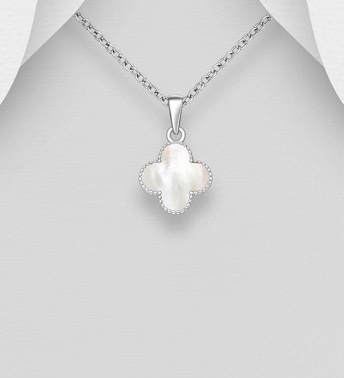 925 Sterling Silver Clover Pendant & Chain, Decorated with Shell Available in 4 Vibrant Colours