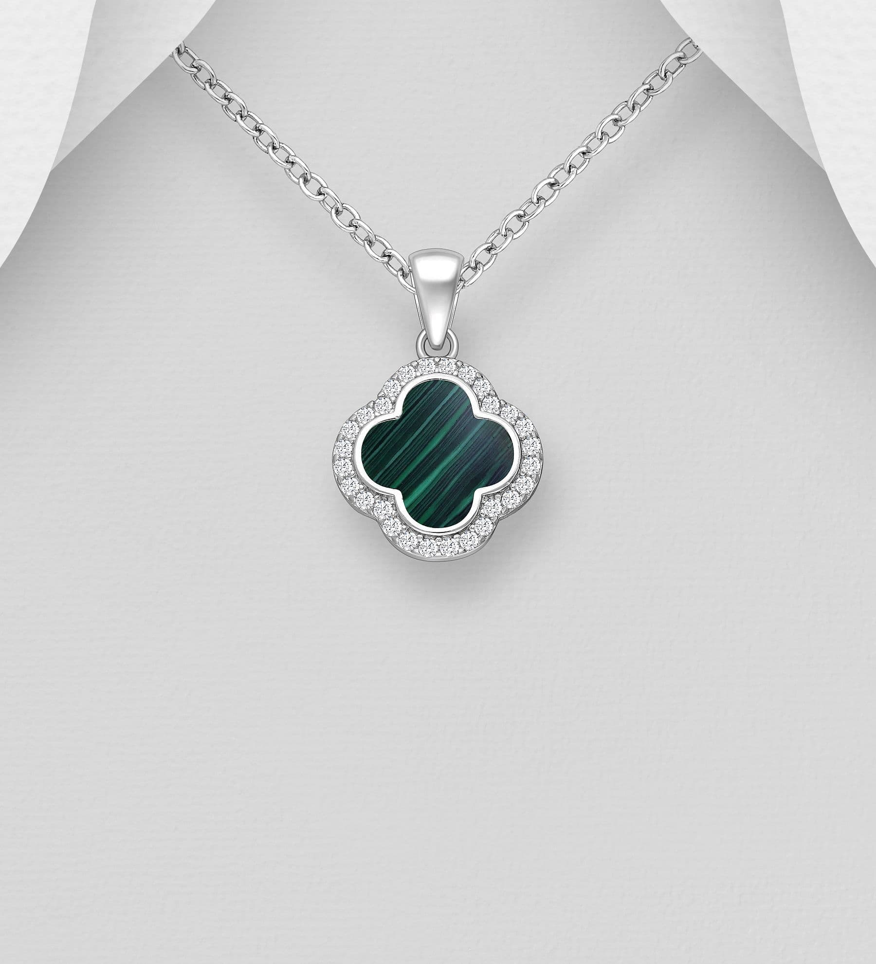 925 Sterling Silver Clover Pendant & Chain  Elegant Luck with Green Resin & Sparkling CZ Diamond