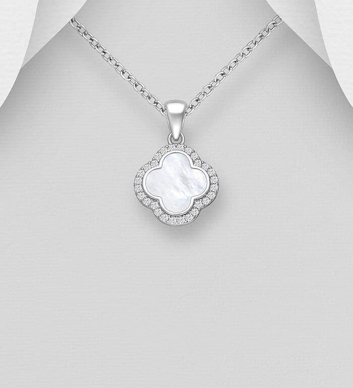 925 Sterling Silver Clover Pendant & Chain  Elegant  Mother of Pearl & Sparkling CZ Diamonds
