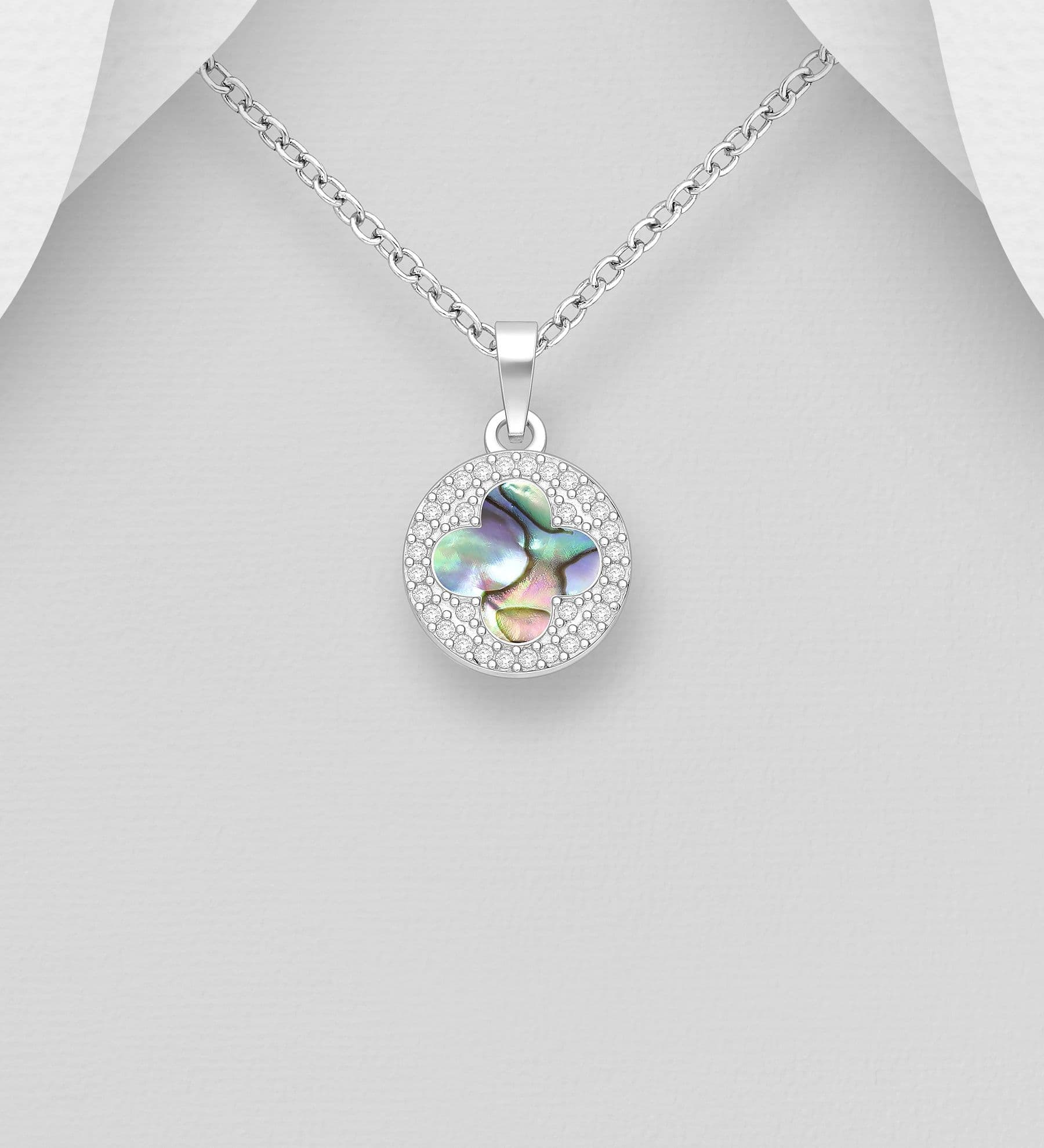 925 Sterling Silver Clover Pendant & Chain, Mother of Pearl & CZ Stones - Available in 3 Colours