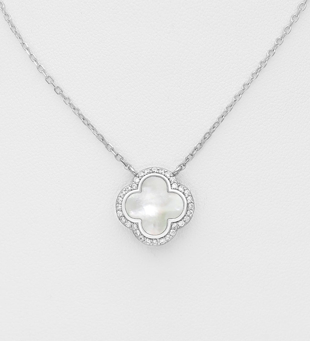 925 Sterling Silver Clover Pendant & Chain, Mother of Pearl & CZ Stones - Available in 3 Colours