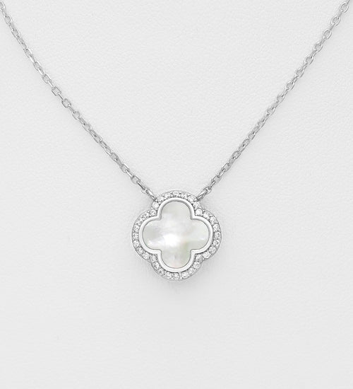 925 Sterling Silver Clover Pendant & Chain, Mother of Pearl & CZ Stones - Available in 3 Colours