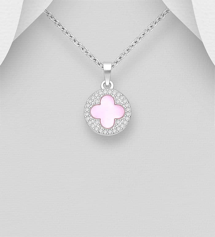 925 Sterling Silver Clover Pendant & Chain, Mother of Pearl & CZ Stones - Available in 3 Colours