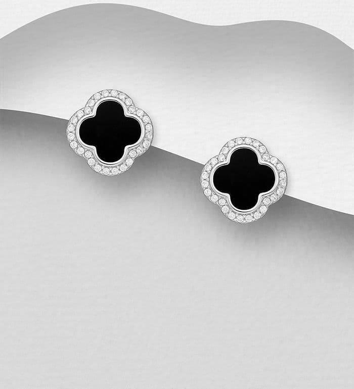 925 Sterling Silver Clover Push-Back Earrings, Decorated with Black Resin and CZ Simulated Diamonds