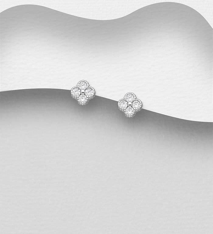 925 Sterling Silver Clover Push-Back Earrings, Decorated with CZ Simulated Diamonds