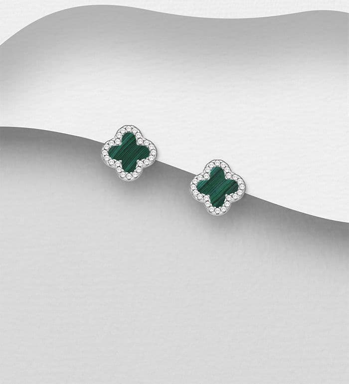 925 Sterling Silver Clover Push-Back Earrings, Decorated with Green Resin & CZ Simulated Diamonds