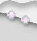 925 Sterling Silver Clover Push-Back Earrings, Decorated with Pink Shell & CZ Simulated Diamonds