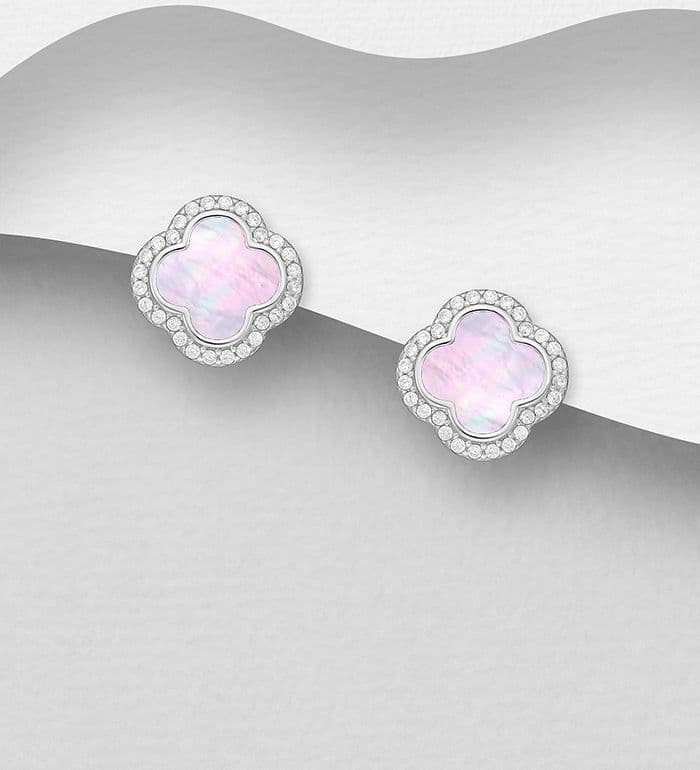 925 Sterling Silver Clover Push-Back Earrings, Decorated with Pink Shell & CZ Simulated Diamonds