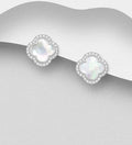 925 Sterling Silver Clover Push-Back Earrings, Decorated with White Shell and CZ Simulated Diamonds