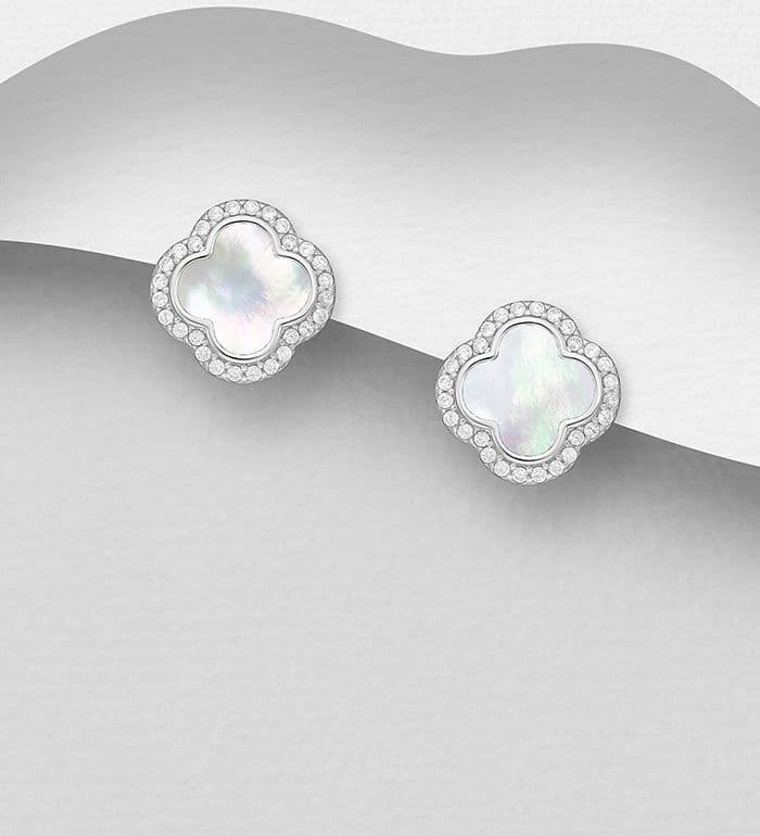 925 Sterling Silver Clover Push-Back Earrings, Decorated with White Shell and CZ Simulated Diamonds