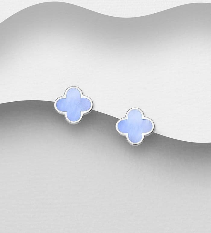 925 Sterling Silver Clover Push-Back/Stud Earrings Set With Pink or Light Blue Shell