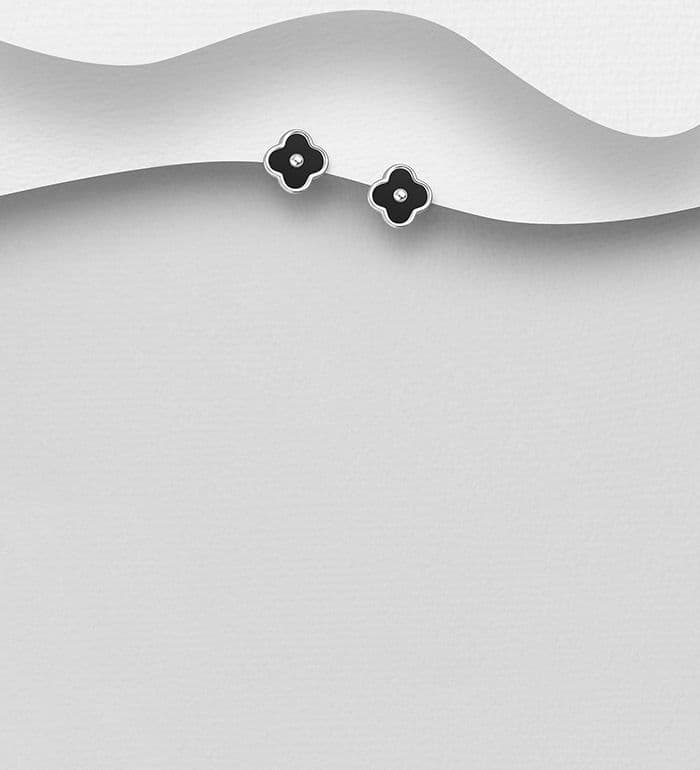 925 Sterling Silver Clover Push-Back/Stud Earrings with Black Resin Decoration