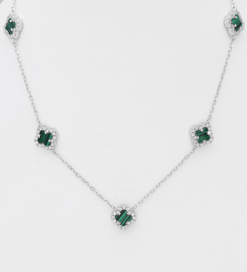 925 Sterling Silver Clover Reversible Necklace Set with Green Resin & CZ Diamonds