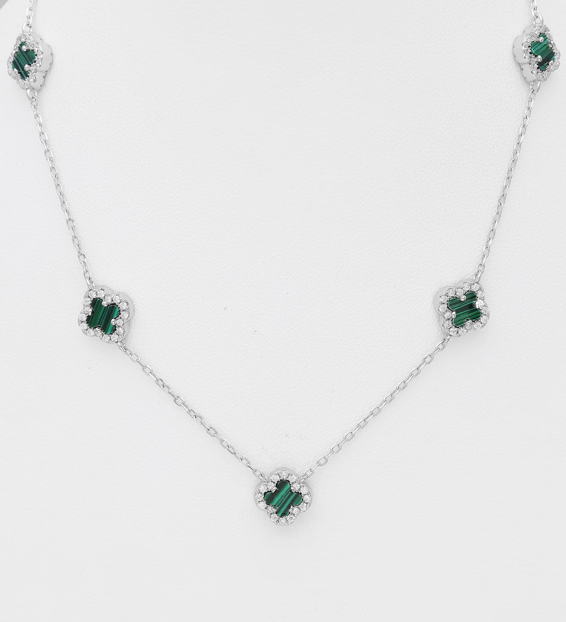 925 Sterling Silver Clover Reversible Necklace Set with Green Resin & CZ Diamonds