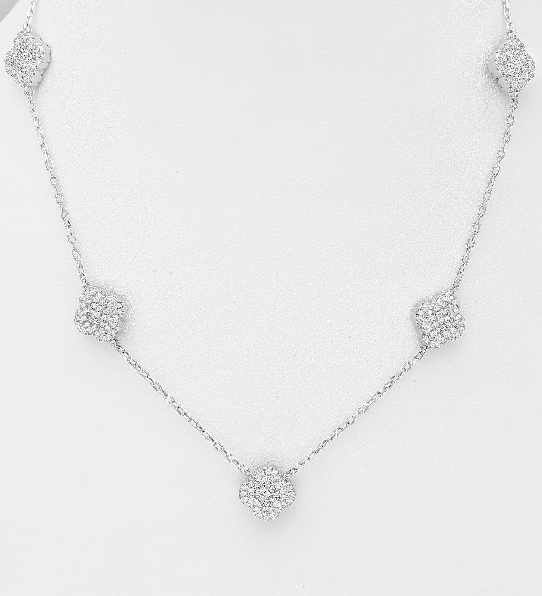 925 Sterling Silver Clover Reversible Necklace Set with Green Resin & CZ Diamonds