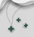 925 Sterling Silver Clover Stud Earrings and Pendant & Chain Set,  with Green Resin &  CZ Diamods