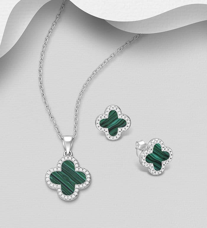 925 Sterling Silver Clover Stud Earrings and Pendant & Chain Set,  with Green Resin &  CZ Diamods