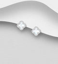 925 Sterling Silver Clover Stud Earrings, Decorated with Mother of Pearl Shell & CZ  Diamonds