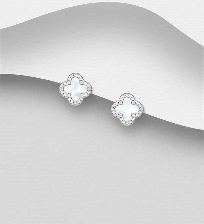 925 Sterling Silver Clover Stud Earrings, Decorated with Mother of Pearl Shell & CZ  Diamonds