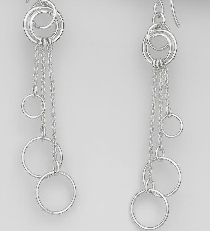 925 Sterling Silver Triple Circle on Box Chains Hook/Drop Earrings