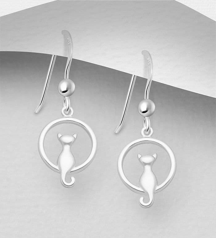925 Sterling Silver Cute Cat sits atop a circle hook  Hook/Drop Earrings