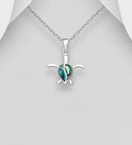 925 Sterling Silver Cute Turtle Pendant & Chain, Decorated with Shell