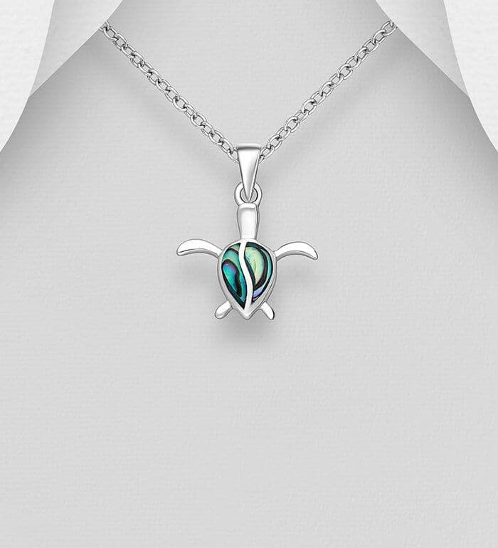 925 Sterling Silver Cute Turtle Pendant & Chain, Decorated with Shell