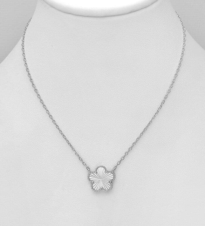 925 Sterling Silver Designer Inspired Textured  Clover Flower Necklace - Exclusive