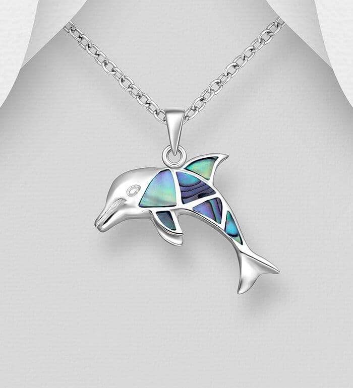 925 Sterling Silver Dolphin Pendant/Necklace, Decorated with  Aberlone Shell