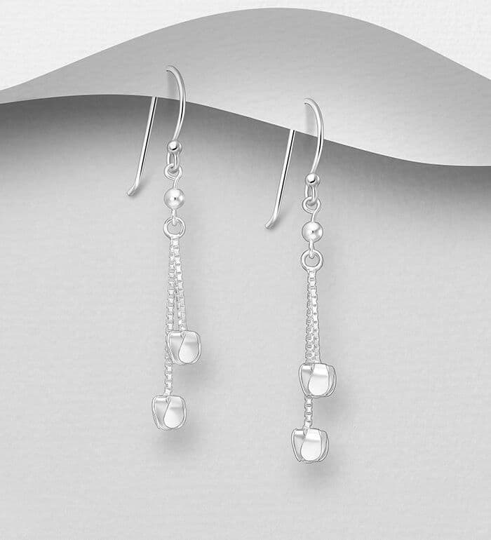 925 Sterling Silver Double Bud & Chain Hook Earrings  Modern Elegance in Motion