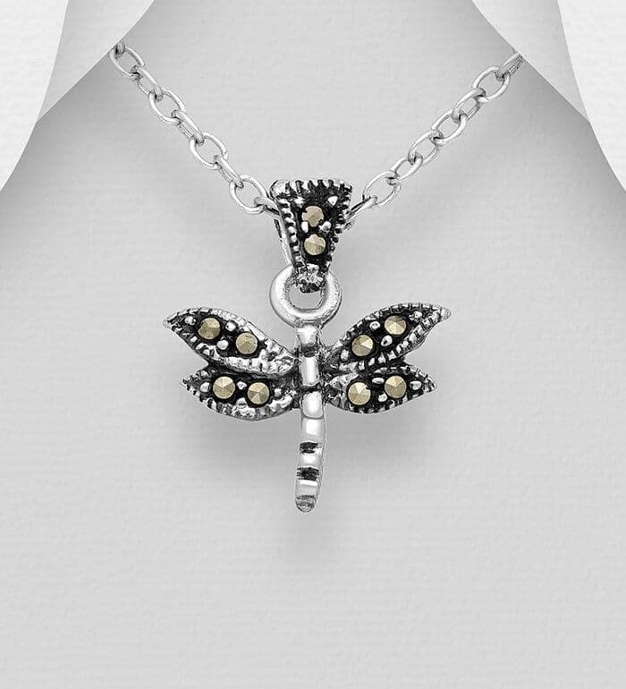 925 Sterling Silver Dragonfly Pendant & Chain, Decorated with Marcasite