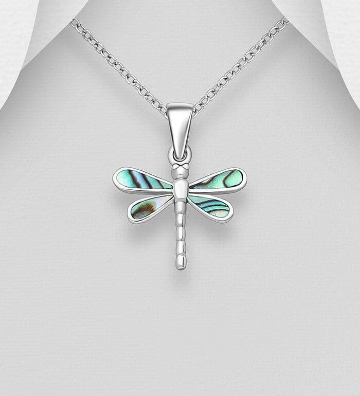 925 Sterling Silver Dragonfly Pendant & Chain with Aberlone Shell Decoration