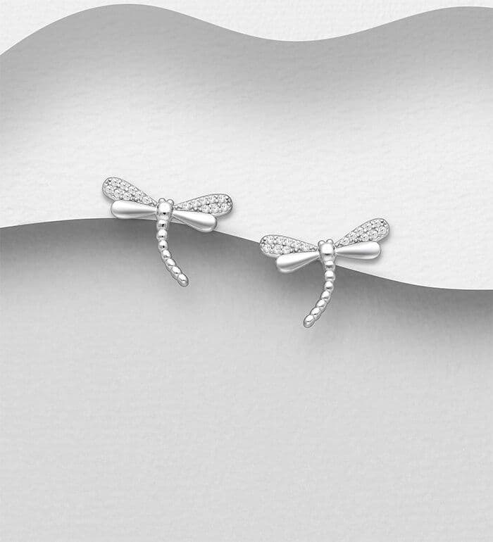 925 Sterling Silver Dragonfly Stud Earrings with CZ Simulated Diamonds