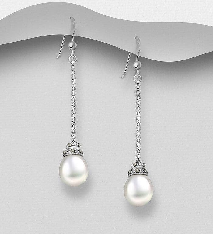 925 Sterling Silver Drop Earrings adorned with 10mm Cultured  Freshwater Pearls and CZ Stones