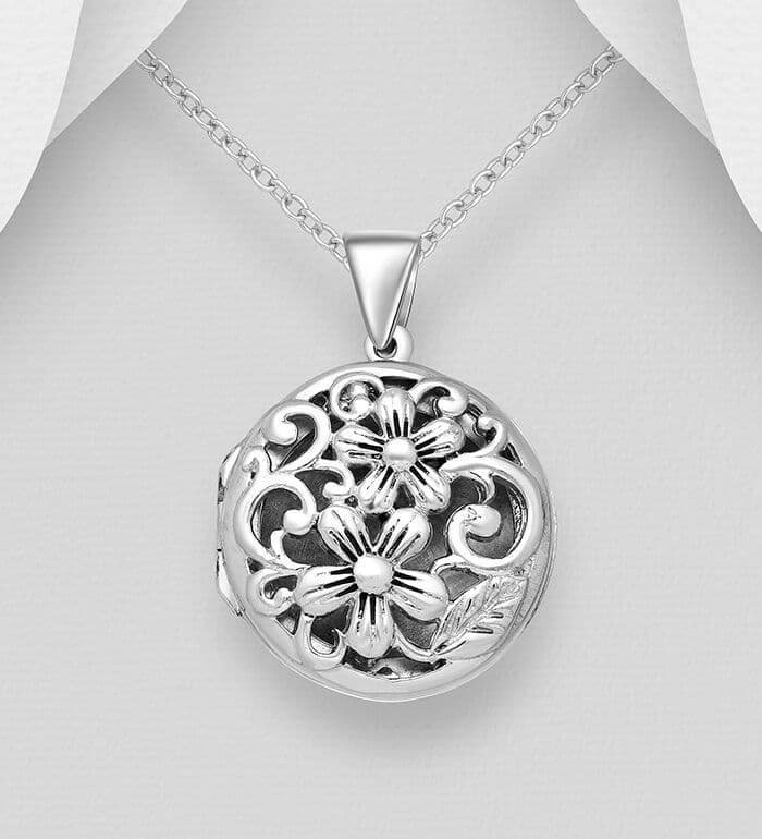 Heavy/Solid 925 Sterling Silver  Exquisitely Designed Hand Crafted Flower & Swirl Locket Pendant & Chain