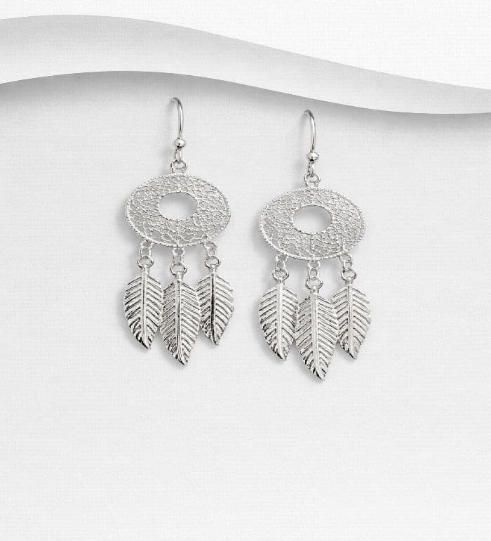925 Sterling Silver Feather Drop Earrings, With Exquisite         Hand Crafted Silver Lace Work